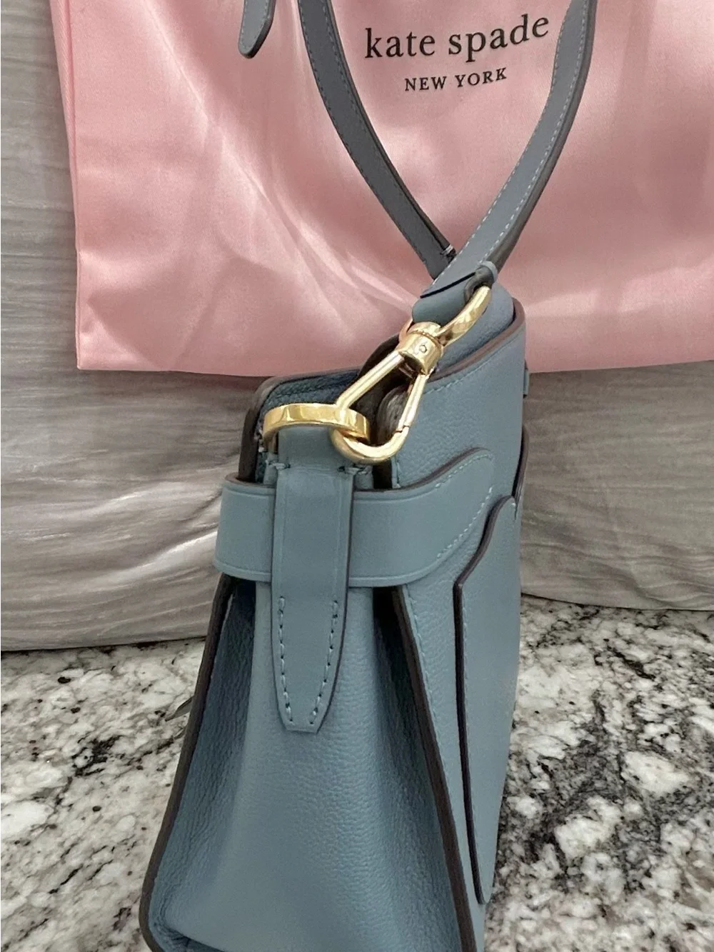 kate spade light blue leather crossbody with gold hardware